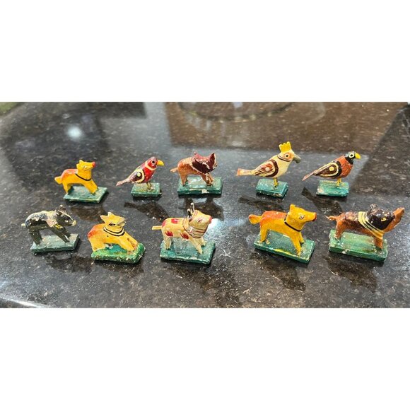 Vtg Set Of 10 1970's Handmade Hand Painted Wood Miniature Animals & Birds 1
